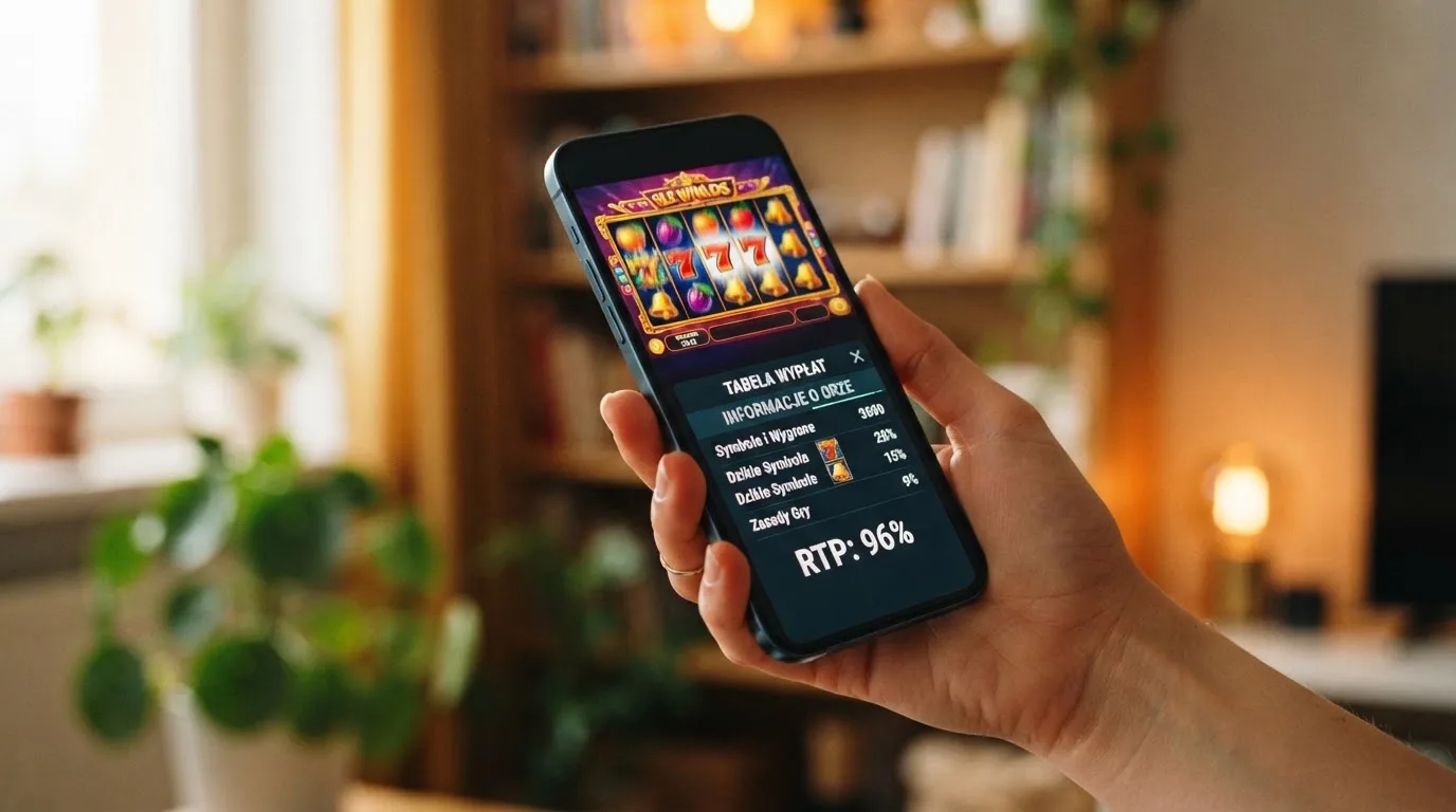 ekran automatu online z otwartą tabelą wypłat pokazującą wartość procentową RTP