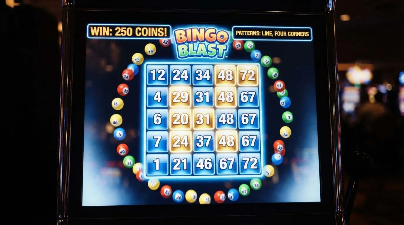 Ekran automatu do gry z kolorową planszą w stylu bingo i podświetlonymi liczbami