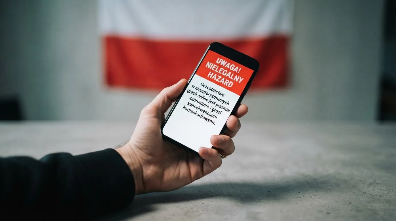 Dłoń trzymająca telefon z widocznym komunikatem ostrzegawczym o legalności hazardu online na tle biało-czerwonej flagi Polski.