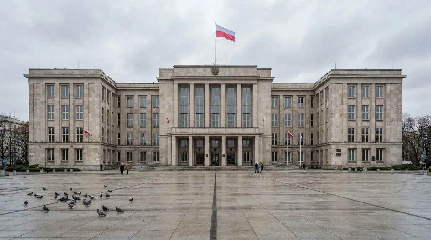 Fasada budynku instytucji państwowej z flagą Polski, symbol nadzoru regulatora nad rynkiem gier hazardowych