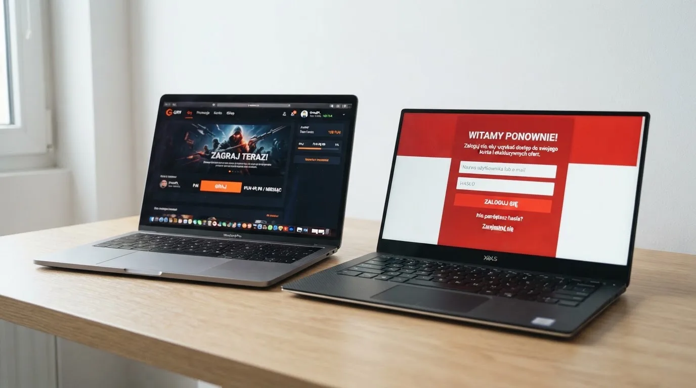 Dwa ekrany logowania kasyna online obok siebie na biurku, jeden z polskim interfejsem złotówkowym, symbolizujące porównanie dwóch różnych serwisów