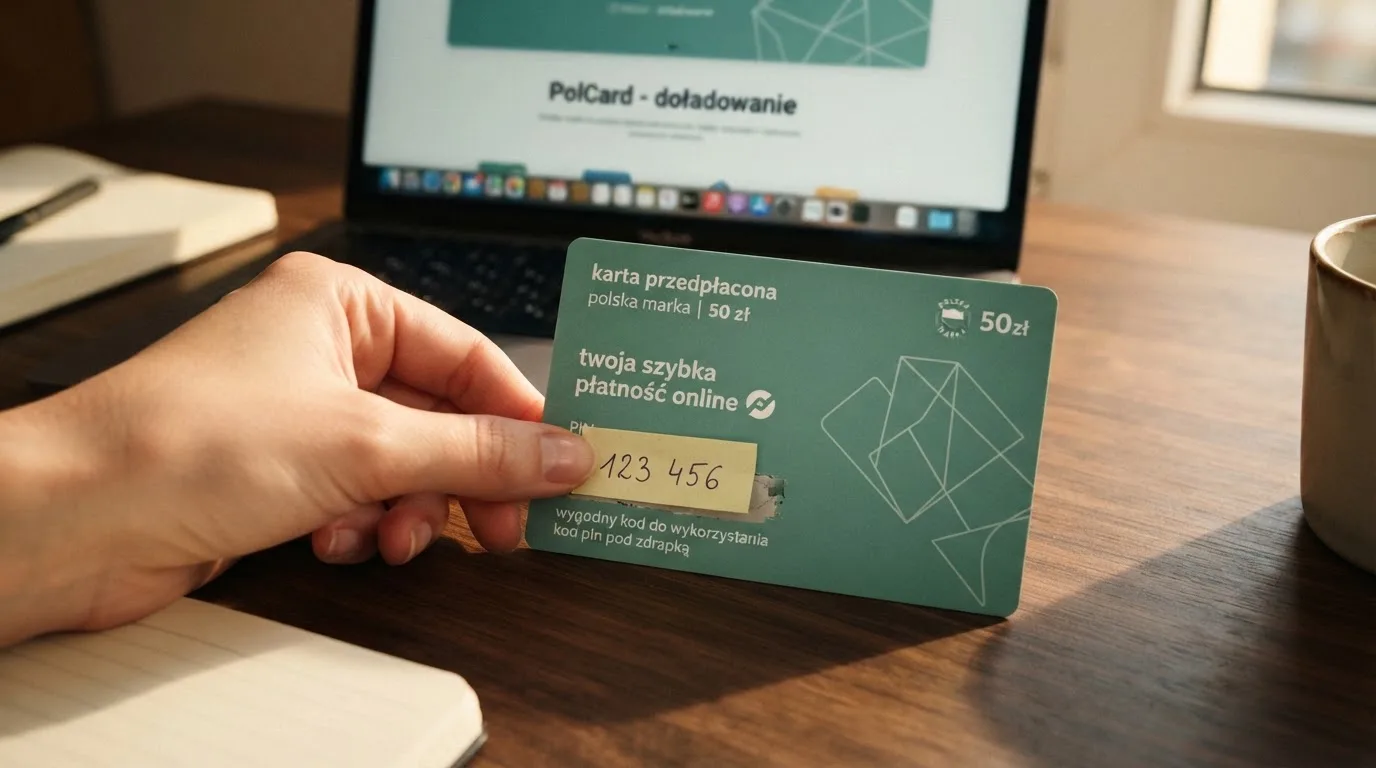 Karta przedpłacona Paysafecard z zasłoniętym polem kodu PIN obok klawiatury laptopa