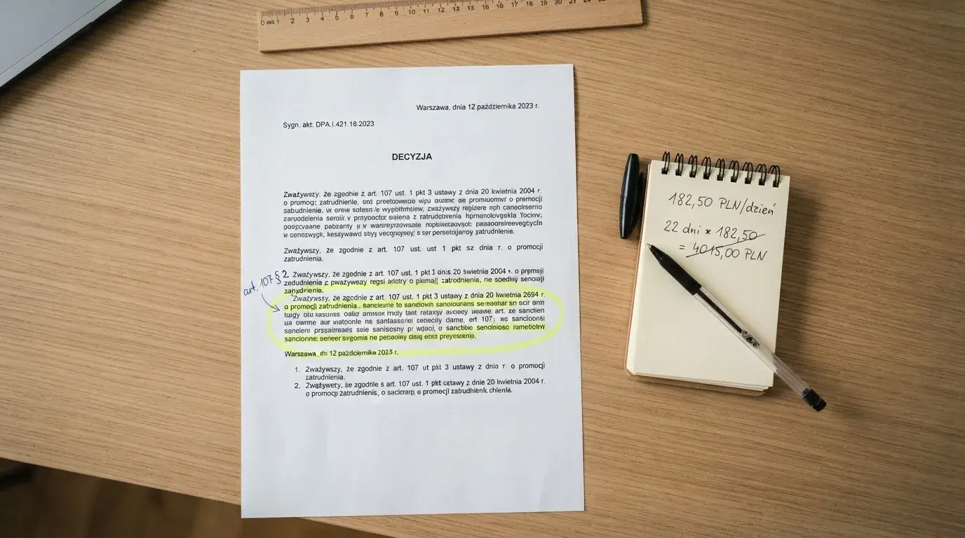 Wydruk kodeksu karnego skarbowego z zakreślonym artykułem obok kalkulatora i długopisu na biurku