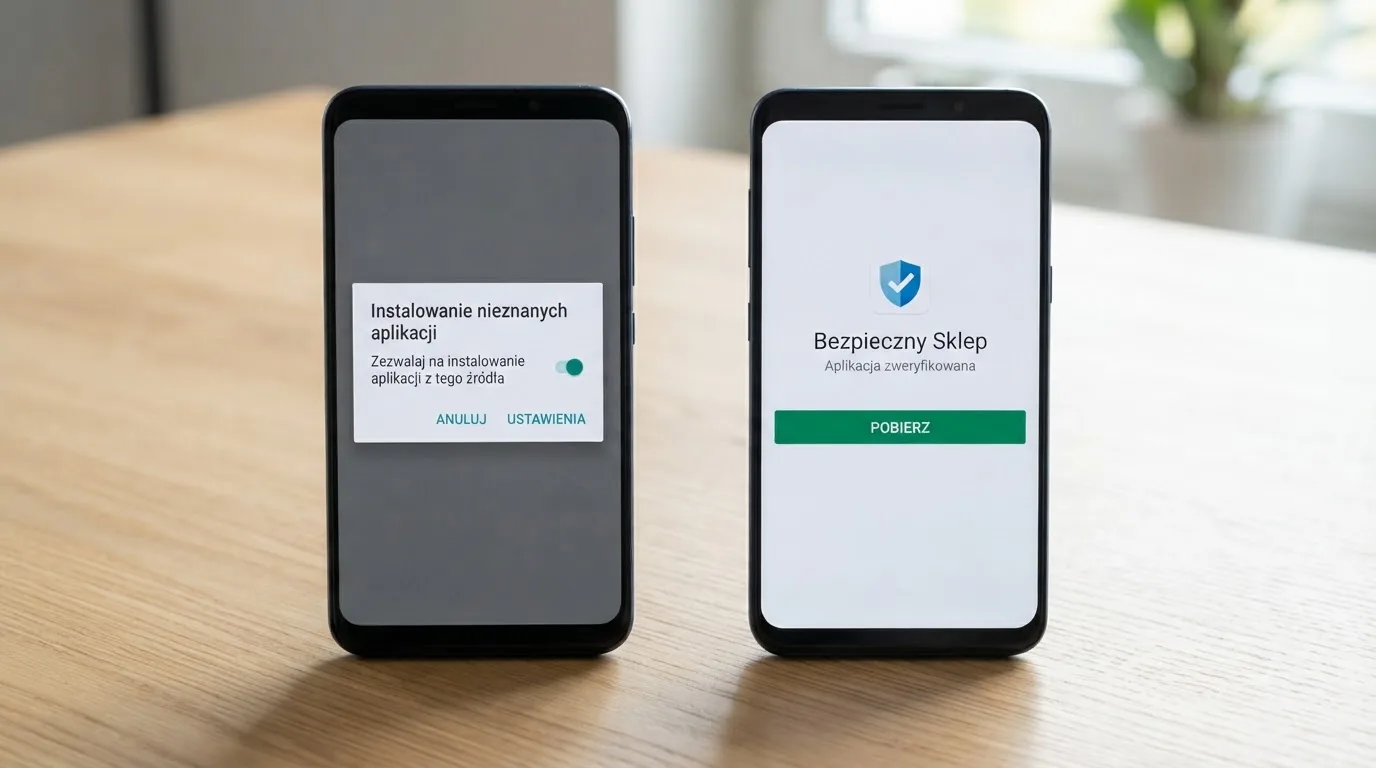Dwa telefony obok siebie: na jednym komunikat zgody na instalację pliku APK z nieznanego źródła, na drugim strona aplikacji w sklepie z przyciskiem pobierania