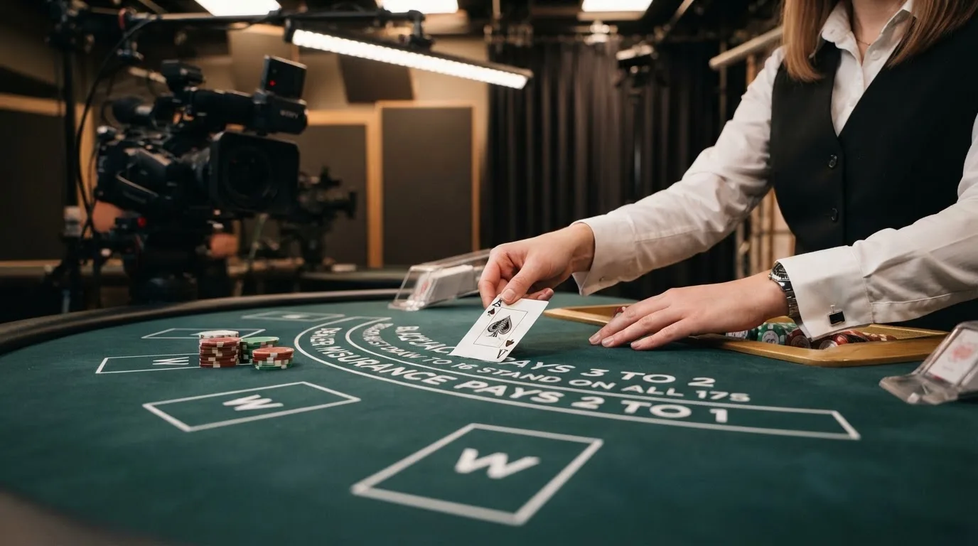 Krupier rozdający karty przy stole blackjacka podczas transmisji na żywo