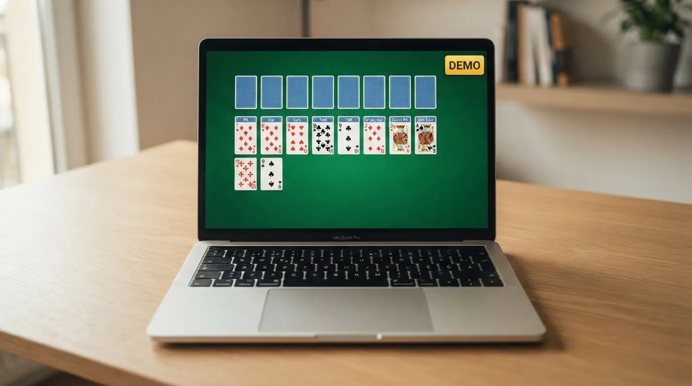 Ekran laptopa z żółtą plakietką DEMO w rogu obrazu stołu karcianego.
