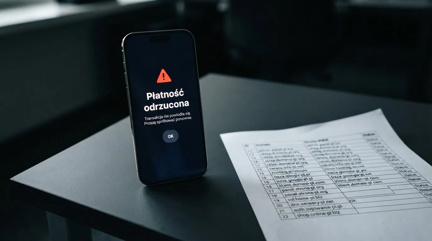 Telefon z komunikatem o odrzuconej płatności na ekranie, obok wydruk tabeli z listą zablokowanych adresów stron