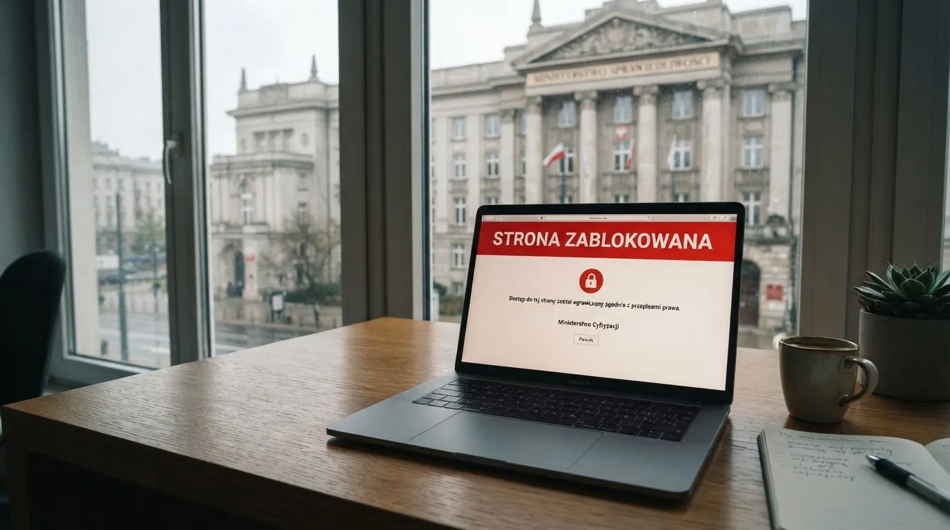 Budynek urzędu z tablicą ministerstwa, na pierwszym planie laptop z komunikatem o zablokowanej stronie kasyna