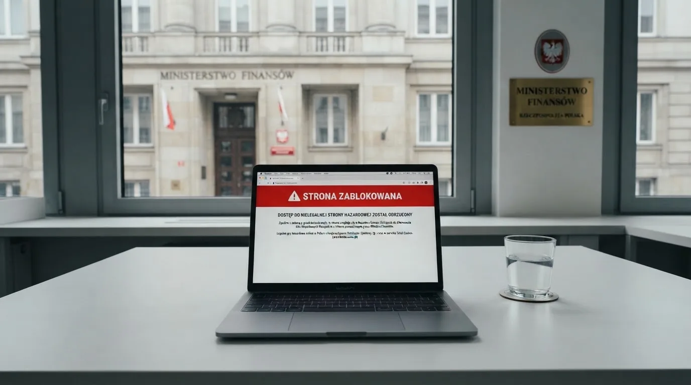 Laptop z komunikatem o zablokowanej stronie hazardowej, w tle budynek urzędu z tablicą ministerstwa
