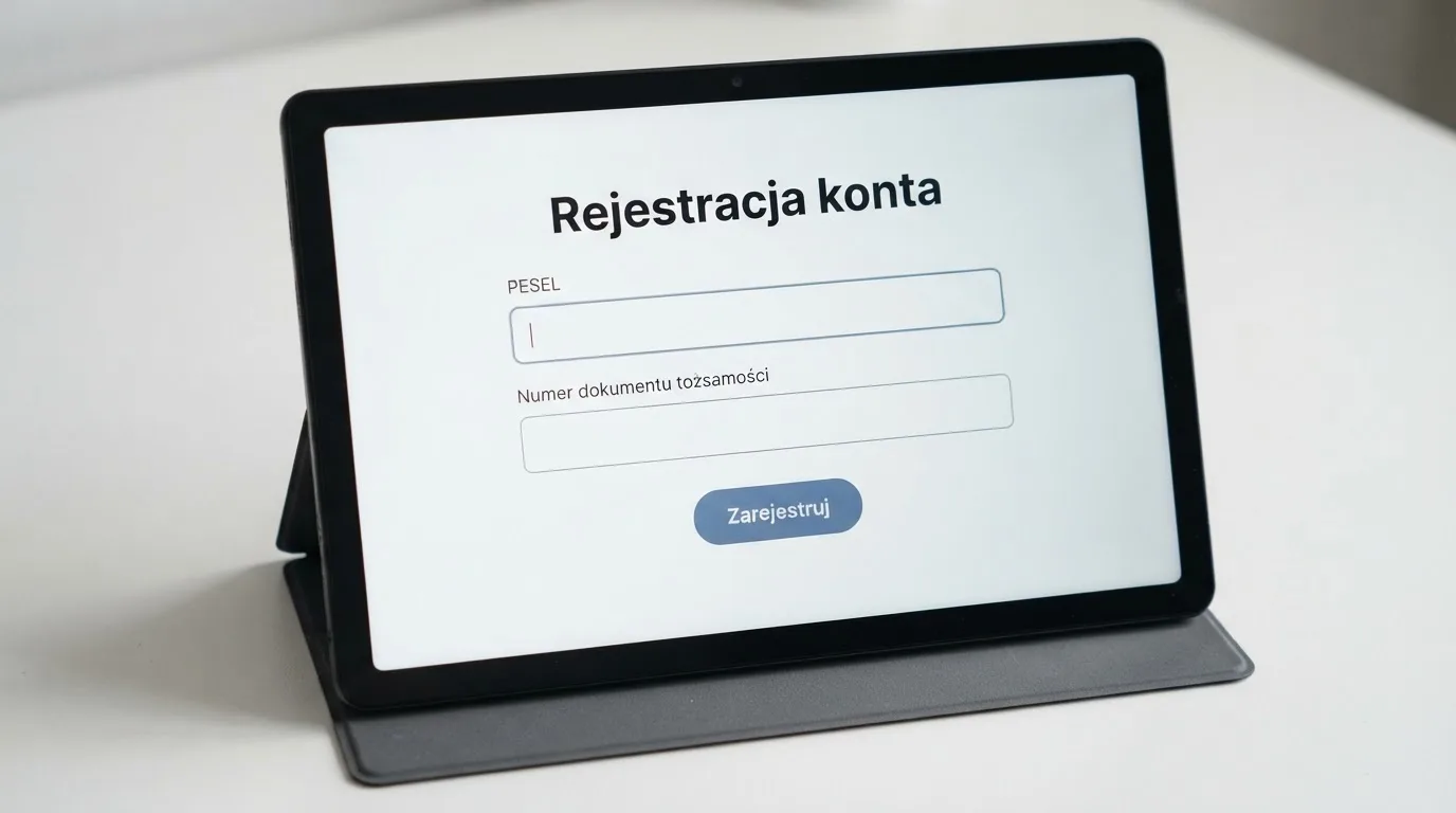 Formularz rejestracji konta gracza z polami na PESEL i numer dokumentu tożsamości na ekranie tabletu