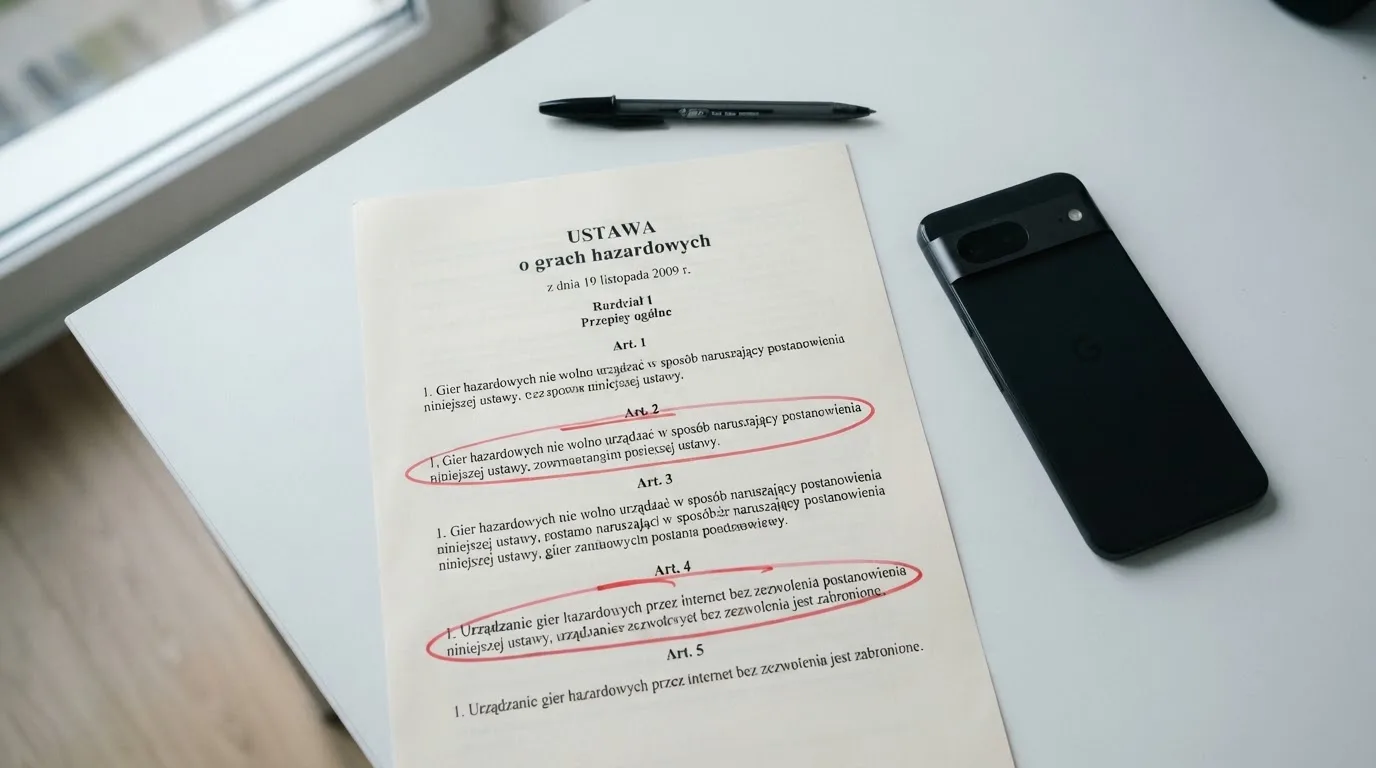Wydruk ustawy o grach hazardowych z zakreślonymi artykułami leżący na biurku obok wyłączonego smartfona