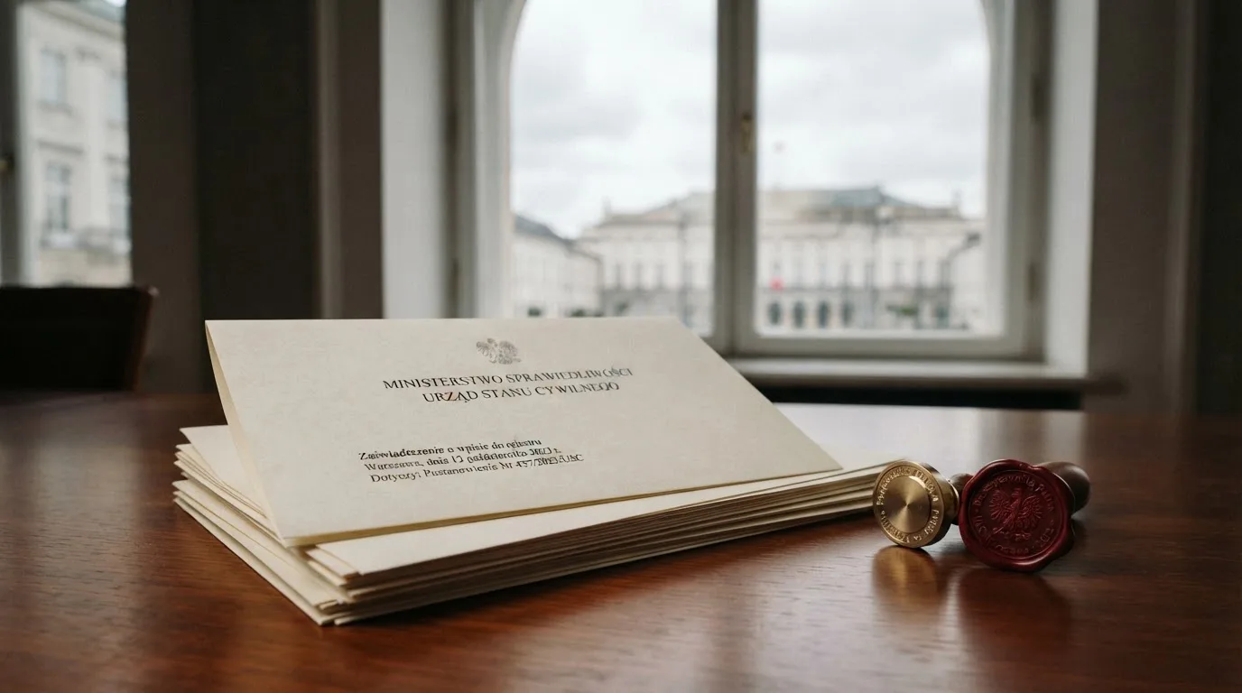 Stos dokumentów urzędowych i pieczęć na biurku, w tle sylwetka budynku administracji publicznej