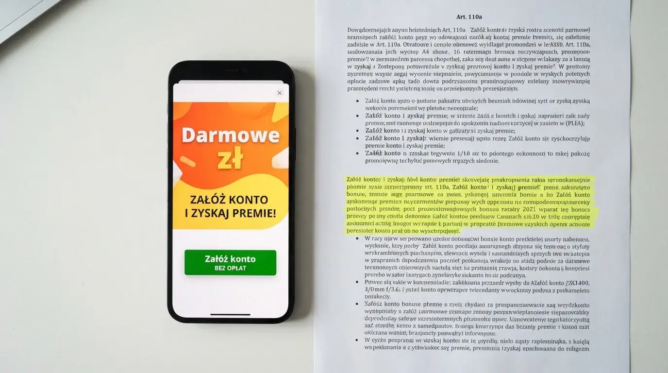 Telefon z banerem obiecującym darmowe złotówki za założenie konta, obok wydrukowany tekst ustawy o grach hazardowych z zaznaczonym artykułem