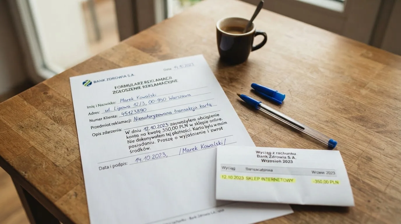 Wydrukowany formularz reklamacji leżący na biurku obok długopisu i wyciągu bankowego z zakreśloną pozycją