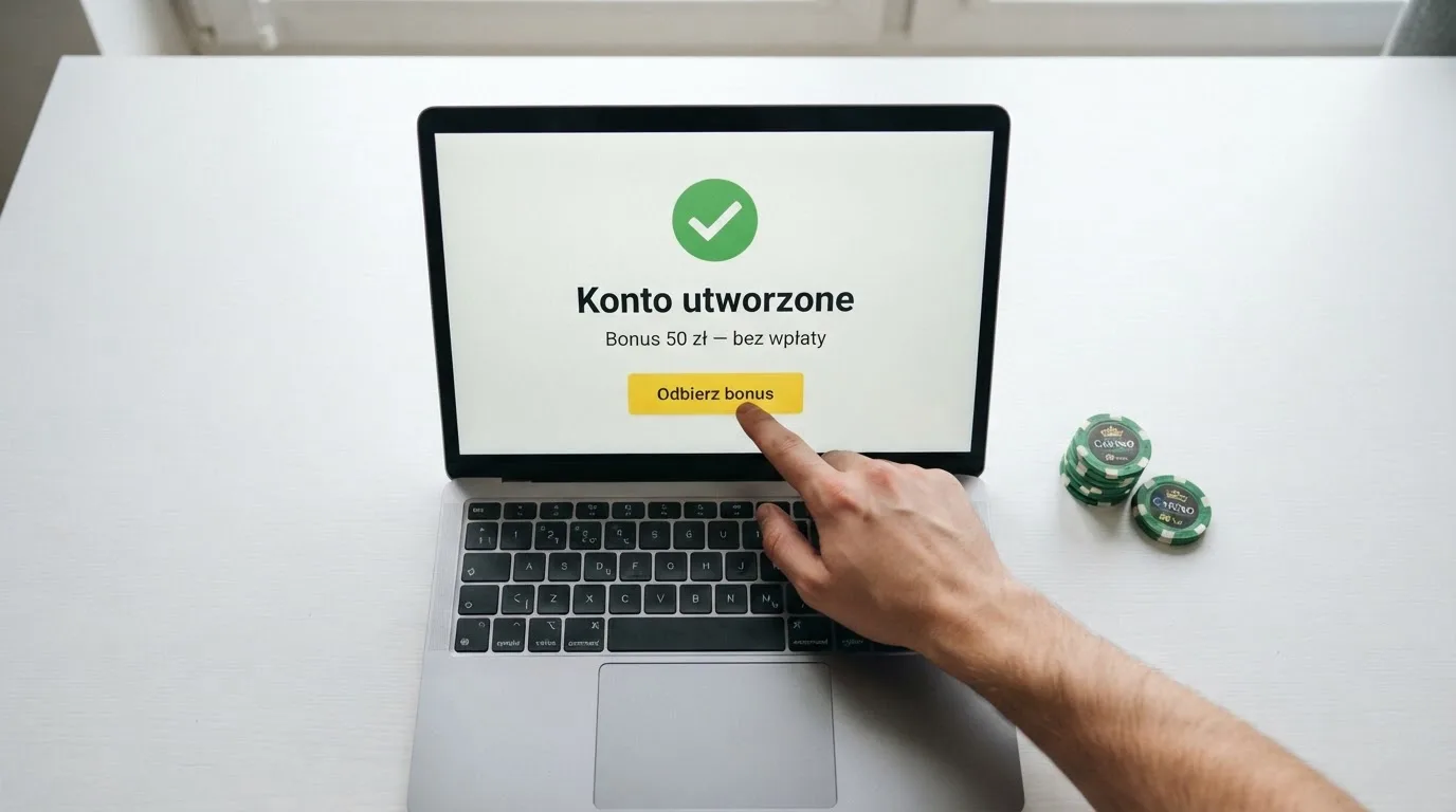 Ekran potwierdzenia założenia konta gracza w kasynie internetowym z komunikatem o bonusie startowym bez wpłaty