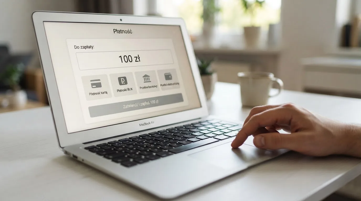 Laptop z oknem wpłaty na ePortfel, wpisana kwota 100 zł i lista metod: BLIK, karta płatnicza, szybki przelew